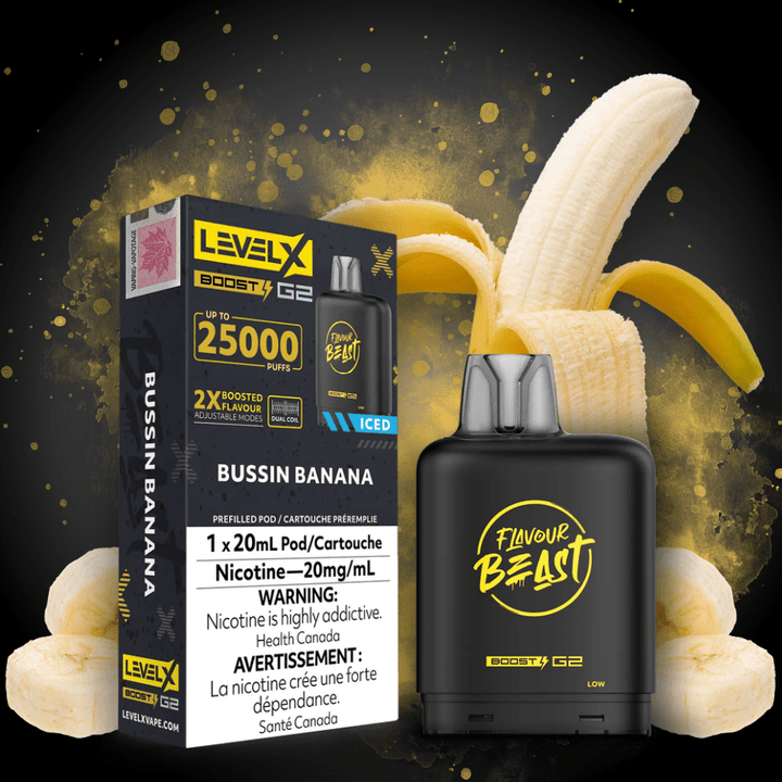 Flavour Beast Level X Boost G2 Pod - Bussin Banana Iced 25000 Puffs / 20mg Vapexcape Vape and Bong Shop Regina Saskatchewan