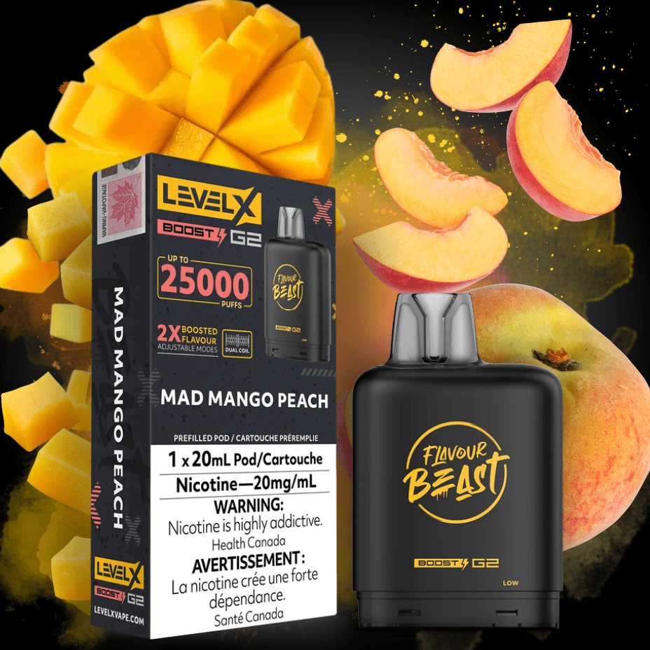 Flavour Beast Level X Boost G2 Pod - Mad Mango Peach 25000 Puffs / 20mg Vapexcape Vape and Bong Shop Regina Saskatchewan