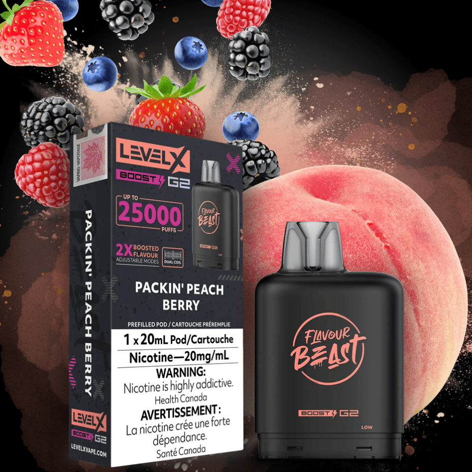 Flavour Beast Level X Boost G2 Pod - Packin' Peach Berry 25000 Puffs / 20mg Vapexcape Vape and Bong Shop Regina Saskatchewan