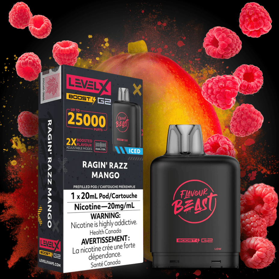 Flavour Beast Level X Boost G2 Pod - Ragin' Razz Mango Iced 25000 Puffs / 20mg Vapexcape Vape and Bong Shop Regina Saskatchewan