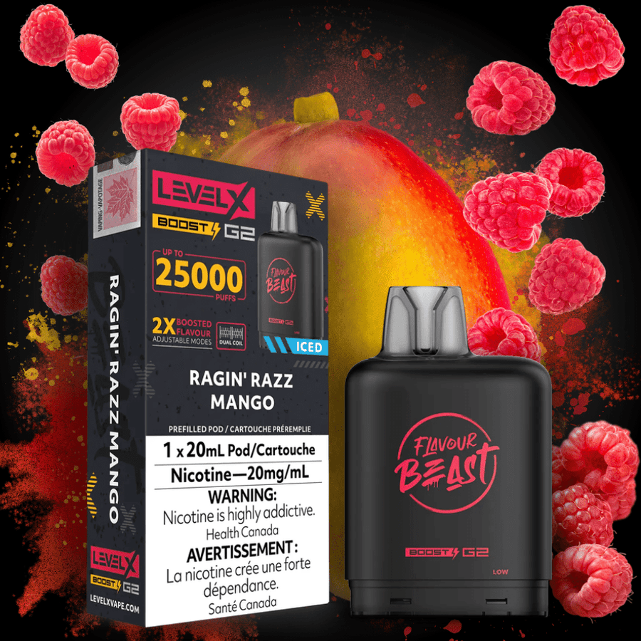 Flavour Beast Level X Boost G2 Pod - Ragin' Razz Mango Iced 25000 Puffs / 20mg Vapexcape Vape and Bong Shop Regina Saskatchewan