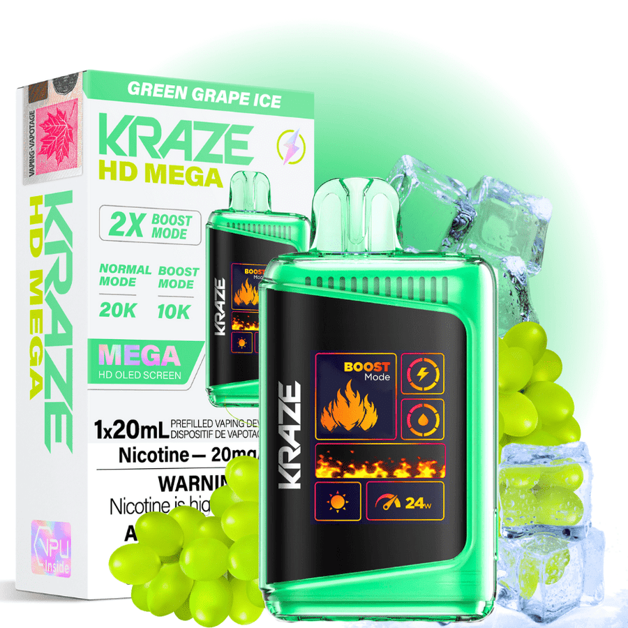 Kraze HD Mega 20k Disposable Vape - Green Grape Ice 20000 Puffs / 20mg Vapexcape Vape and Bong Shop Regina Saskatchewan