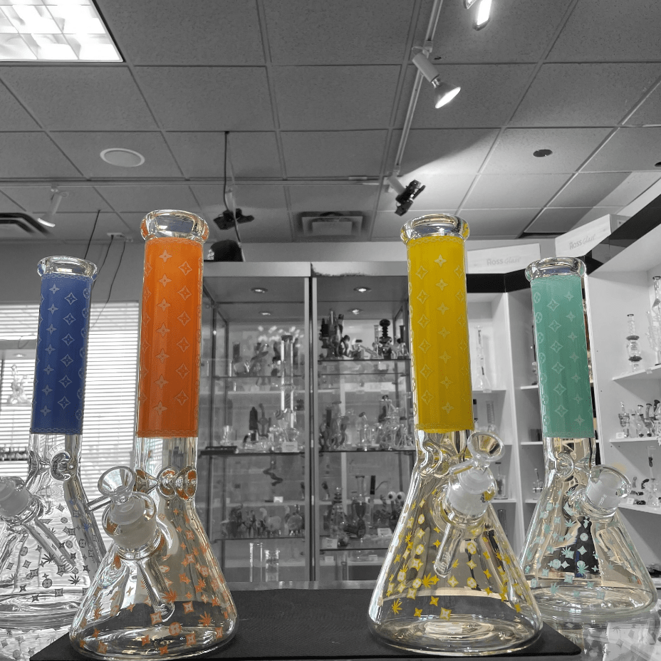 LV Pattern 7mm Beaker Bong-Glow In The Dark-14.5" 7mm / Orange Vapexcape Vape and Bong Shop Regina Saskatchewan