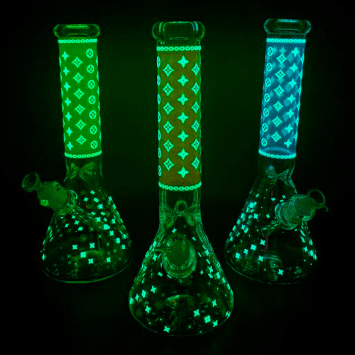 LV Pattern 7mm Beaker Bong-Glow In The Dark-14.5" Vapexcape Vape and Bong Shop Regina Saskatchewan