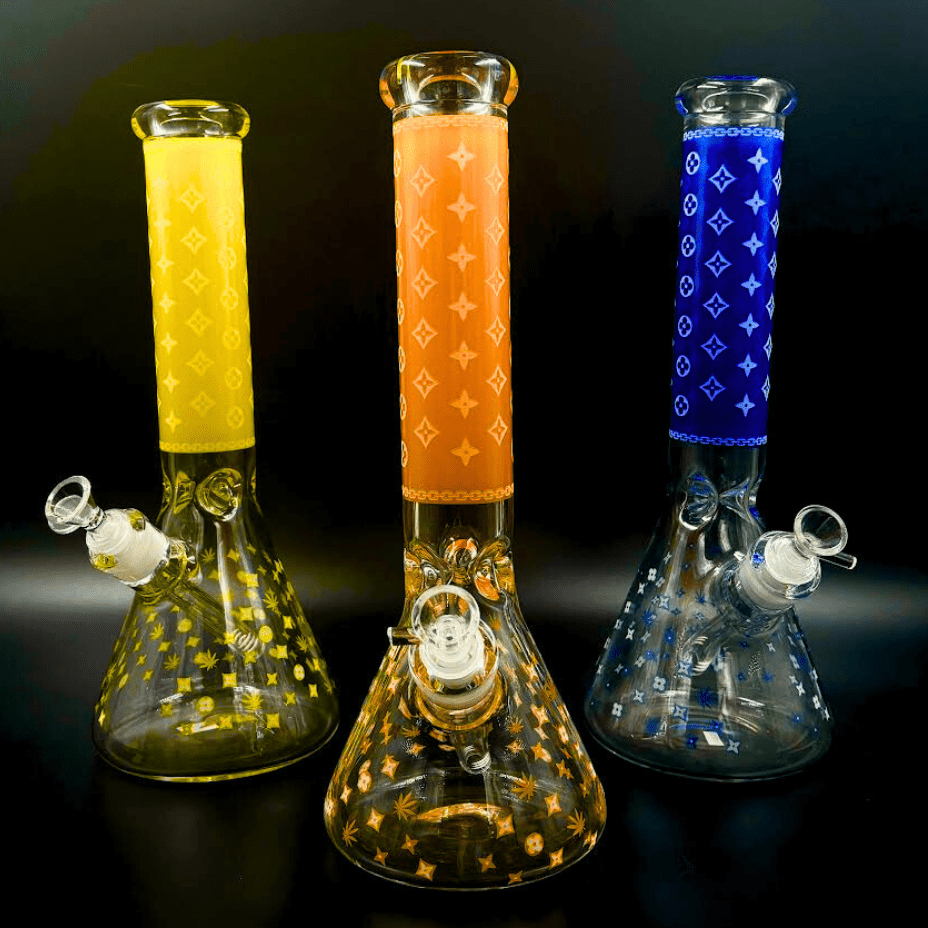 LV Pattern 7mm Beaker Bong-Glow In The Dark-14.5" Vapexcape Vape and Bong Shop Regina Saskatchewan