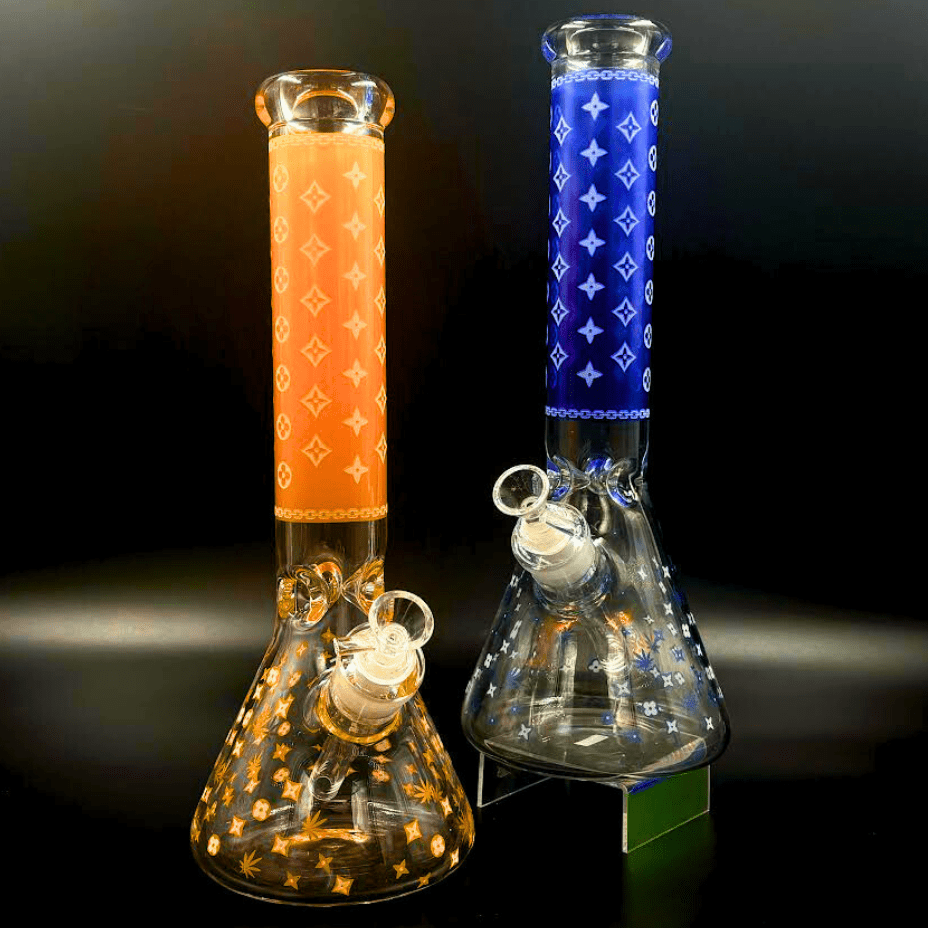 LV Pattern 7mm Beaker Bong-Glow In The Dark-14.5" Vapexcape Vape and Bong Shop Regina Saskatchewan