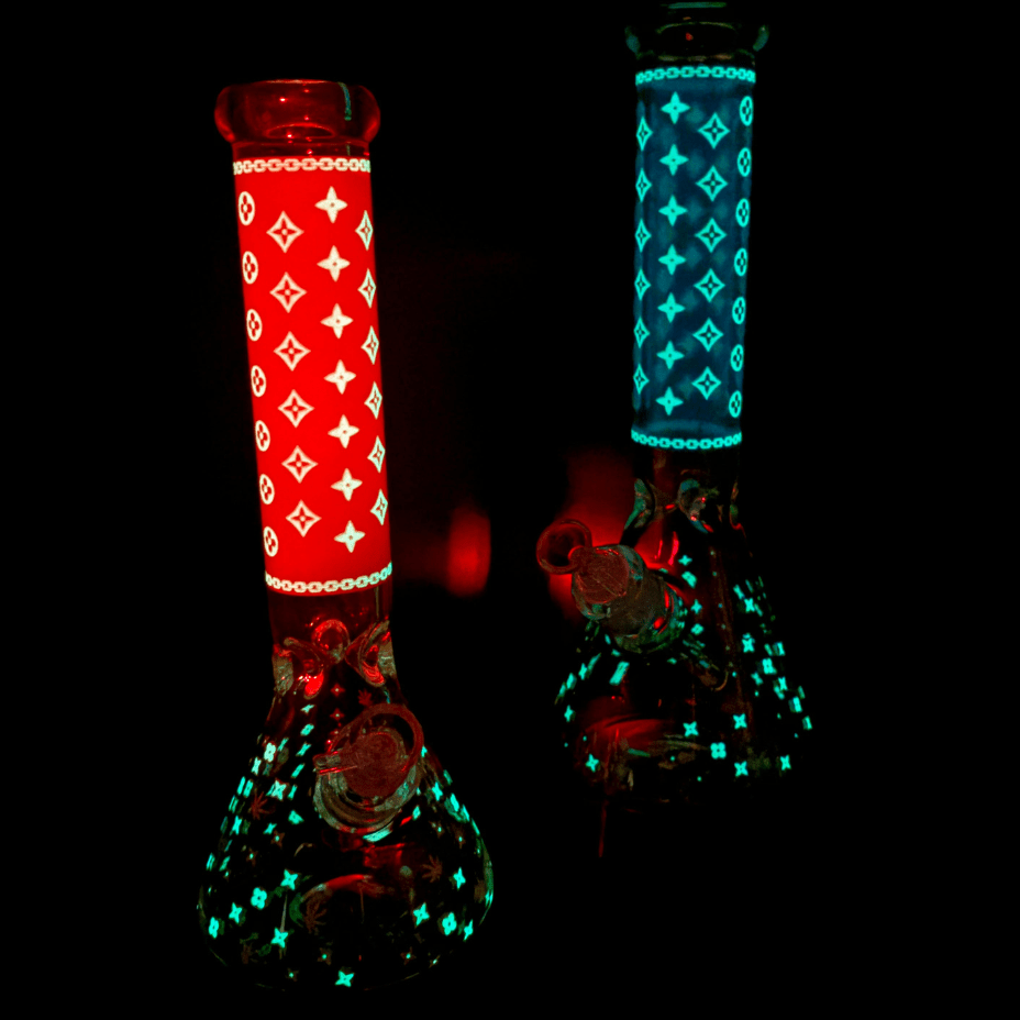 LV Pattern 7mm Beaker Bong-Glow In The Dark-14.5" Vapexcape Vape and Bong Shop Regina Saskatchewan