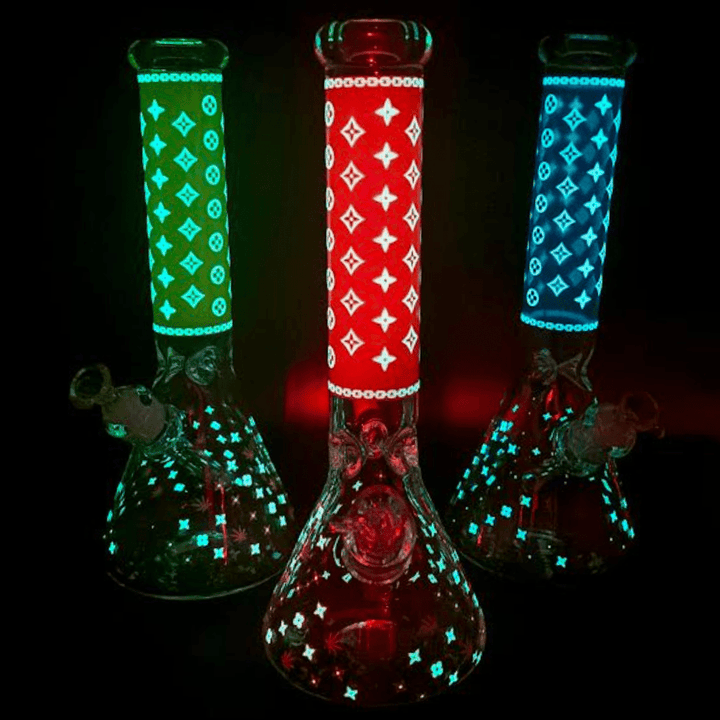 LV Pattern 7mm Beaker Bong-Glow In The Dark-14.5" Vapexcape Vape and Bong Shop Regina Saskatchewan